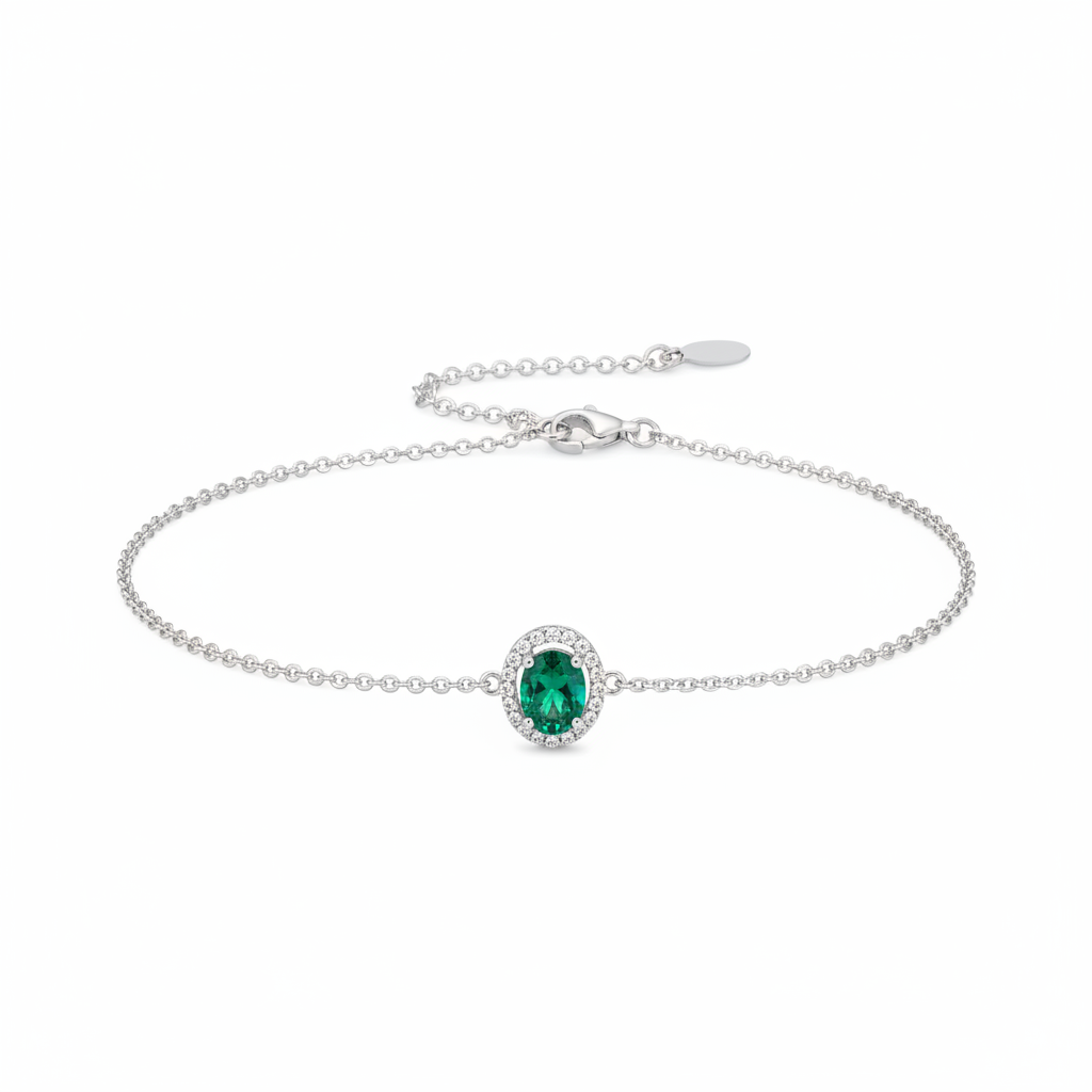 925 silver bracelet with emerald green gemstone on white background