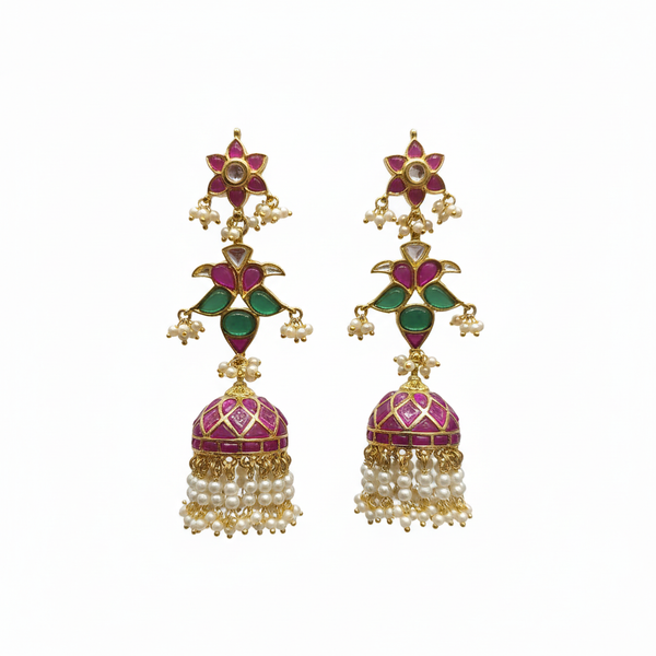 Long Kundan Emerald Jhumki - White Background