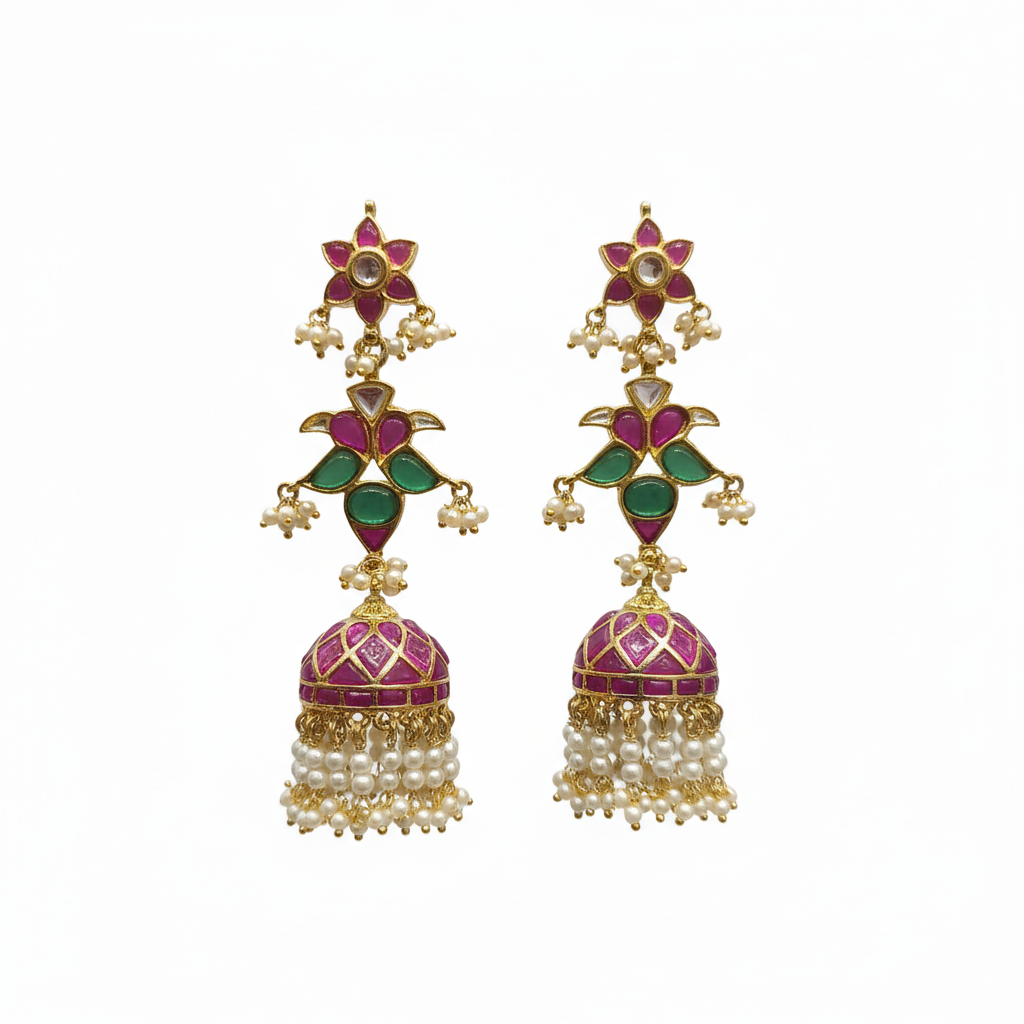 Long Kundan Emerald Jhumki - White Background