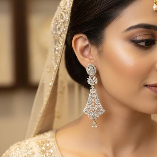 CZ Marquise Kite Chandelier Earrings - White CZ On-Model Bridal Shot