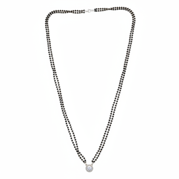 Long double strand black bead mangalsutra with round CZ halo pendant - white background