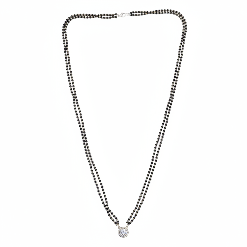 Long double strand black bead mangalsutra with round CZ halo pendant - white background