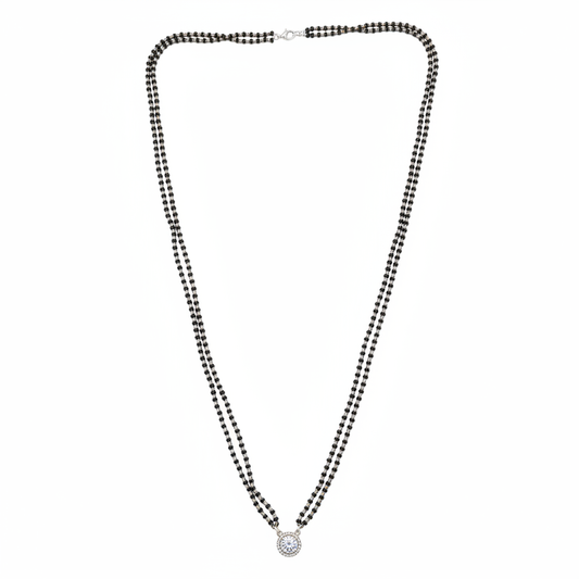 Long double strand black bead mangalsutra with round CZ halo pendant - white background