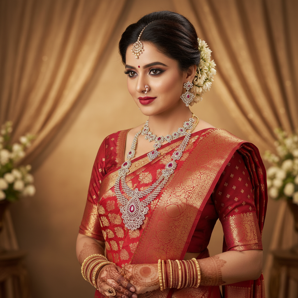 Lifestyle – Bride Wearing Ruby Diamond Replica Long Necklace Set
