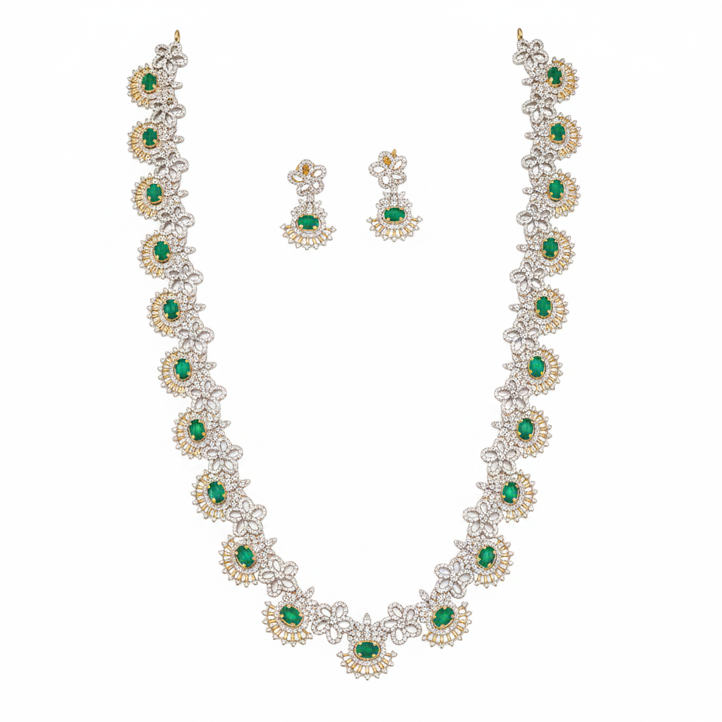 Emerald CZ necklace set hero product shot on white background