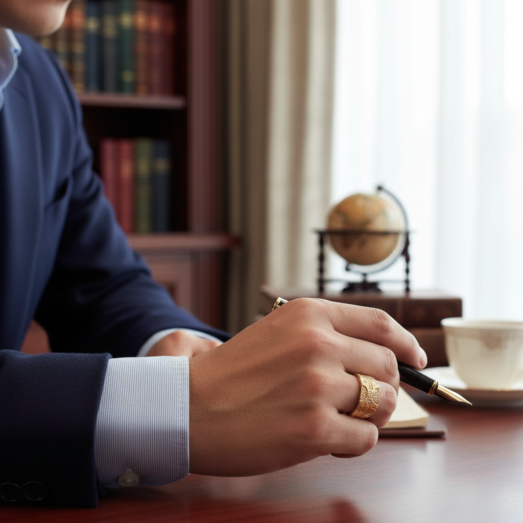 24K Gold Plated Ornate Traditional Men's Ring - Premium Carved Band