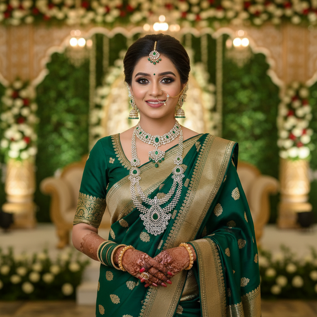 Lifestyle – Bride Wearing Emerald Diamond Replica Long Necklace Set