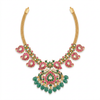 Pink and green floral jadau kundan necklace with green bead drops on white background