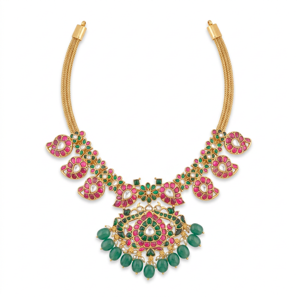 Pink and green floral jadau kundan necklace with green bead drops on white background