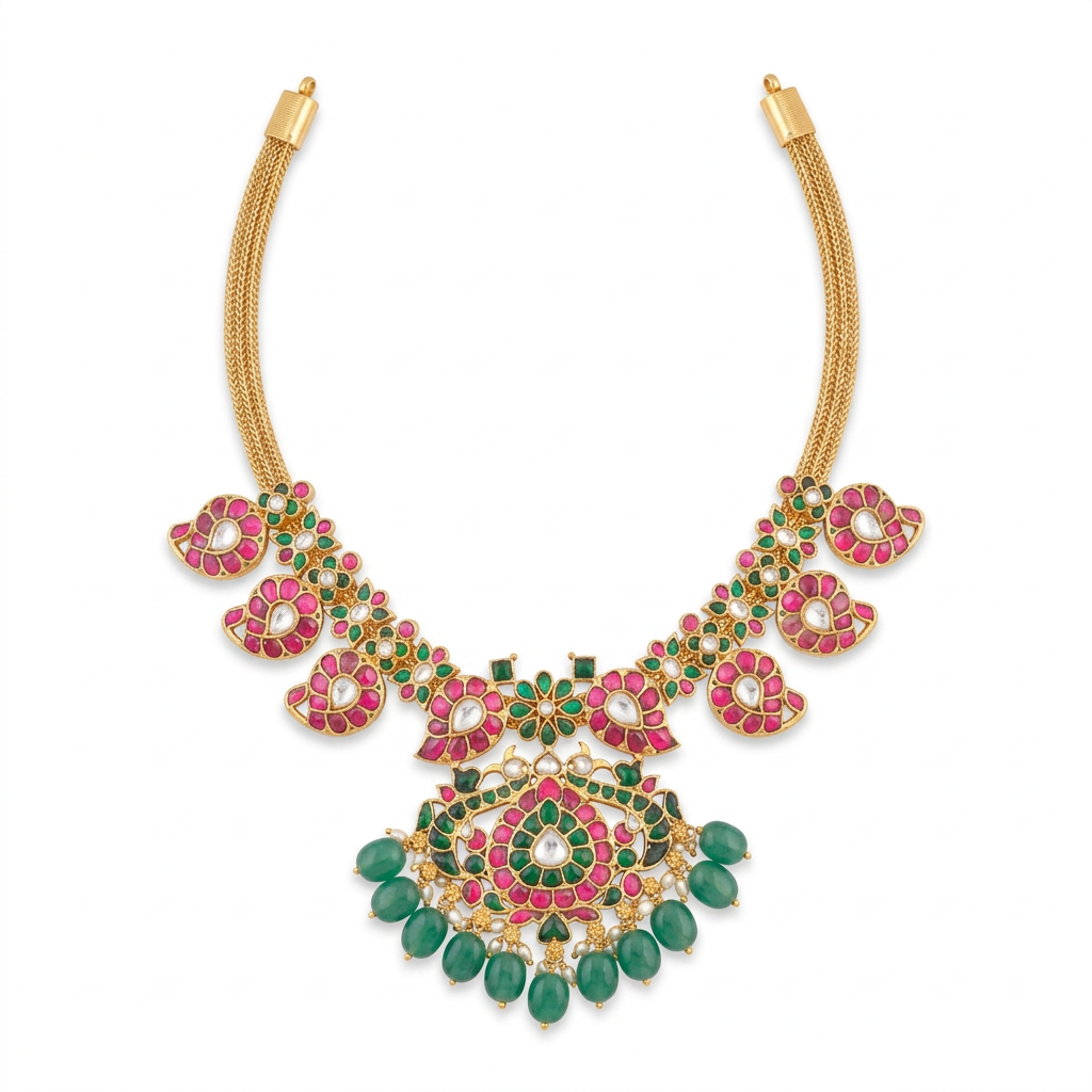 Pink and green floral jadau kundan necklace with green bead drops on white background