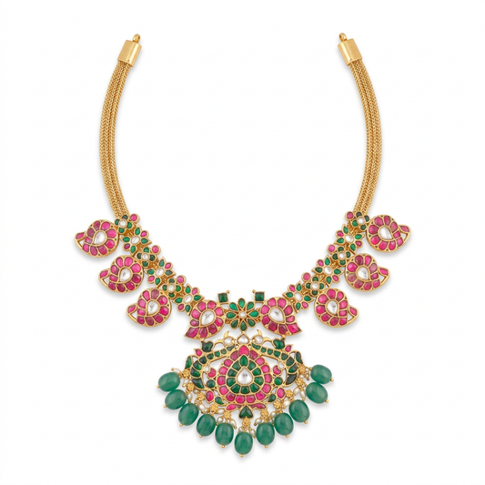 Pink and green floral jadau kundan necklace with green bead drops on white background