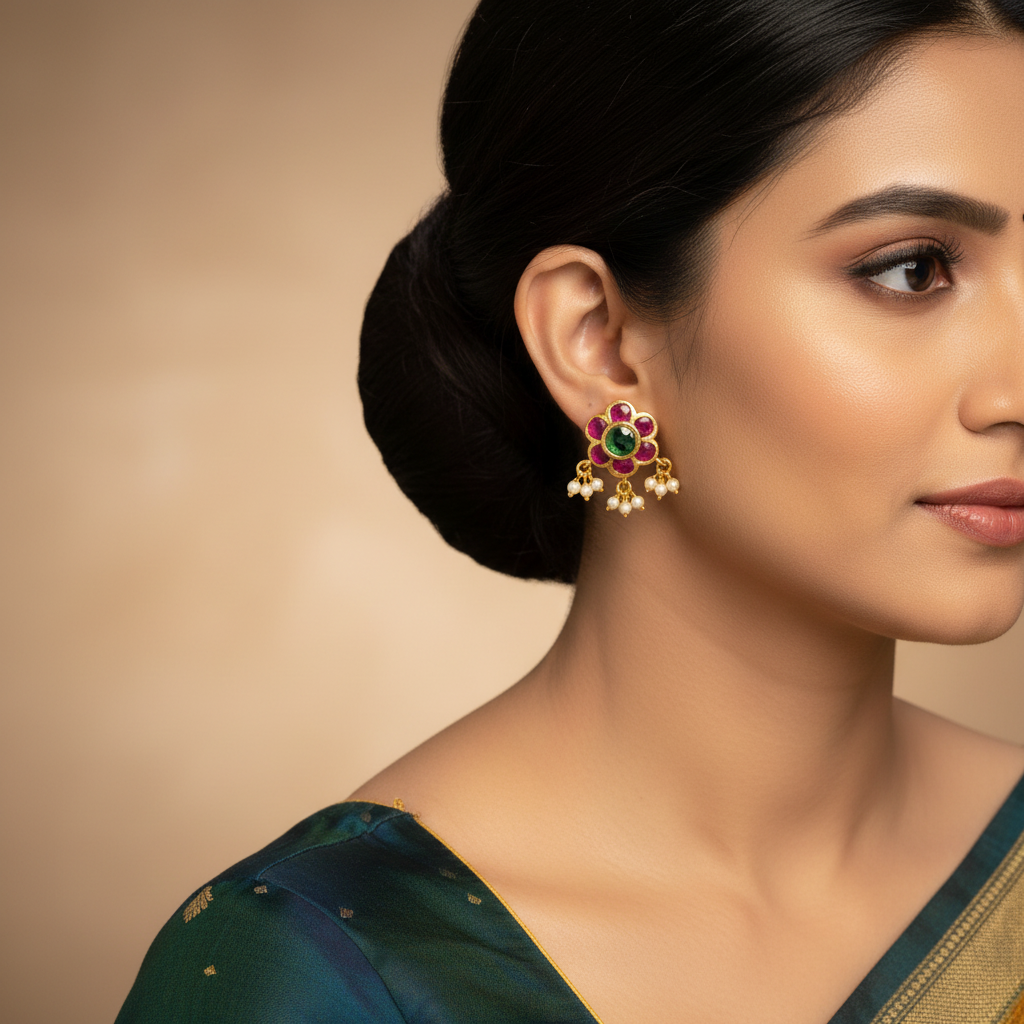 Kempu Green Center Flower Stud Earrings lifestyle photo