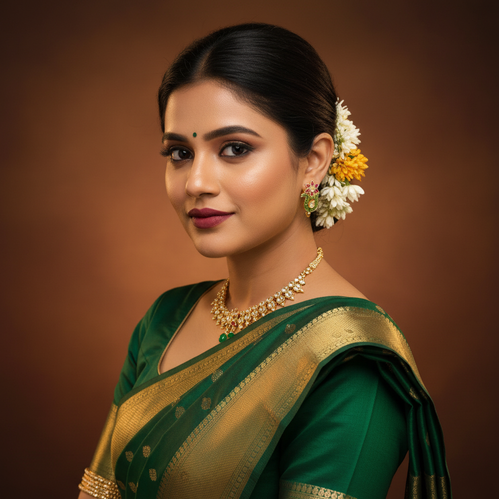 Indian model wearing Handmade Emerald Peacock Stud Earrings