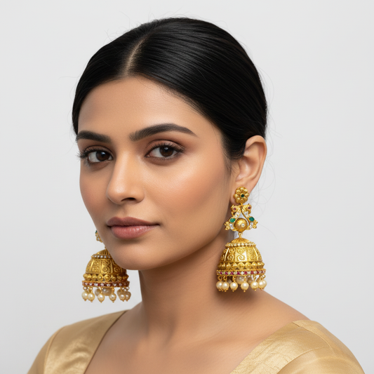 Model wearing antique gold jhumka earrings with emerald and pearl drops
