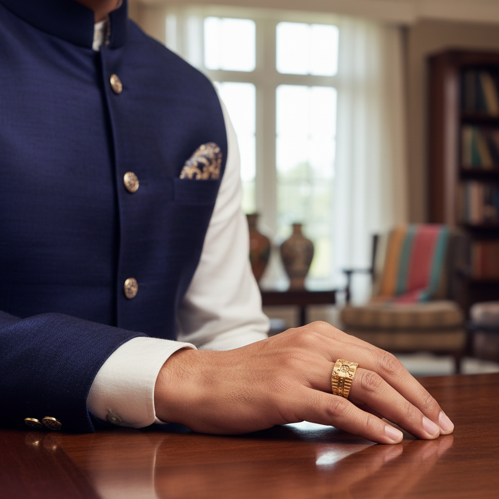 24K Gold Plated Geometric Pattern Men's Ring - Premium Designer Band