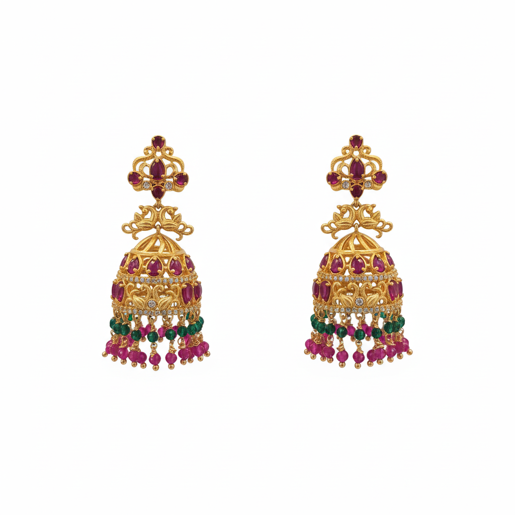 Kempu Polki Jhumka pair on white background – product shot