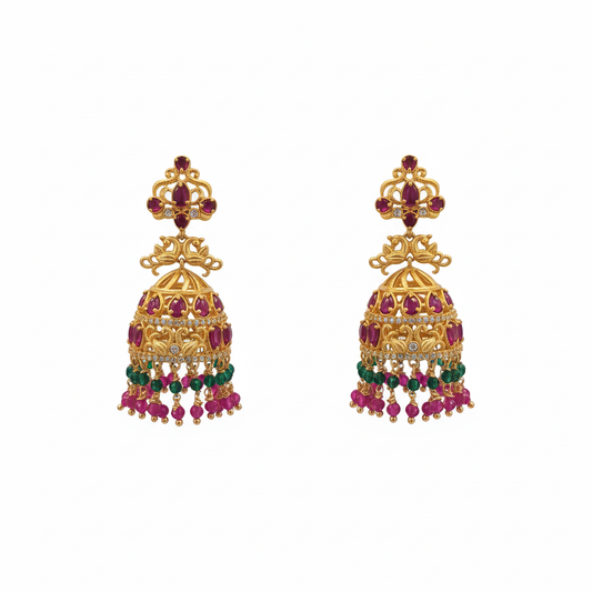 Kempu Polki Jhumka pair on white background – product shot