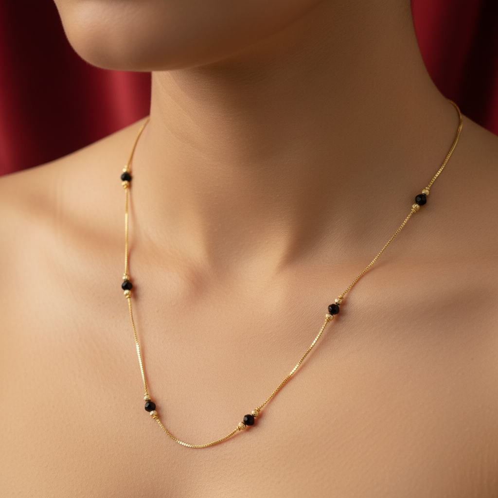 Gold Chain Necklace with Black and Gold Beads - 18 Inches
