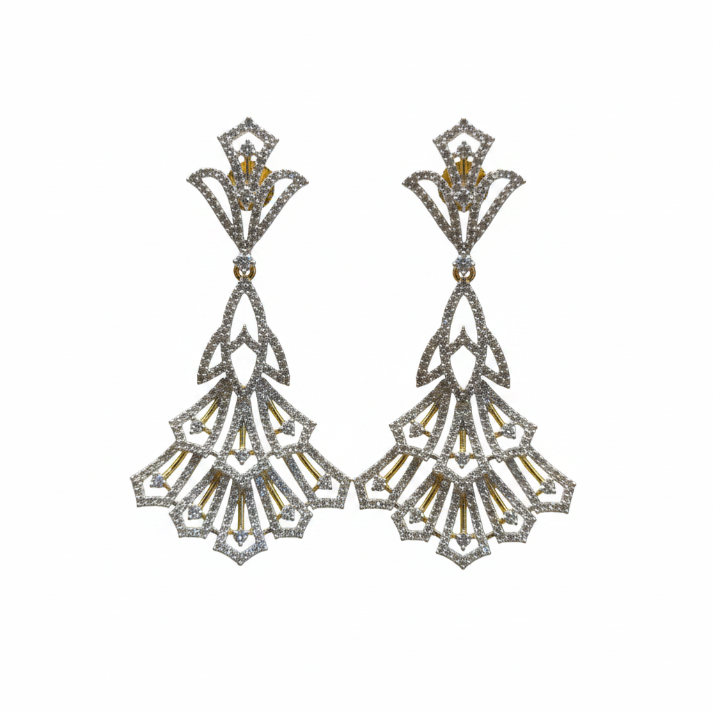 CZ Art Deco Fan Chandelier Earrings - White Background Studio Shot