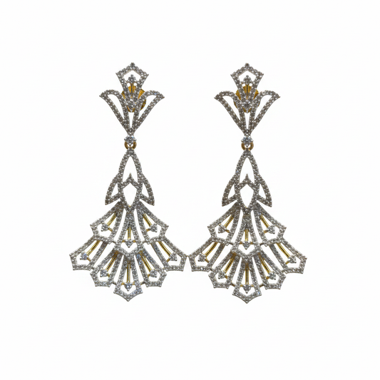 CZ Art Deco Fan Chandelier Earrings - White Background Studio Shot