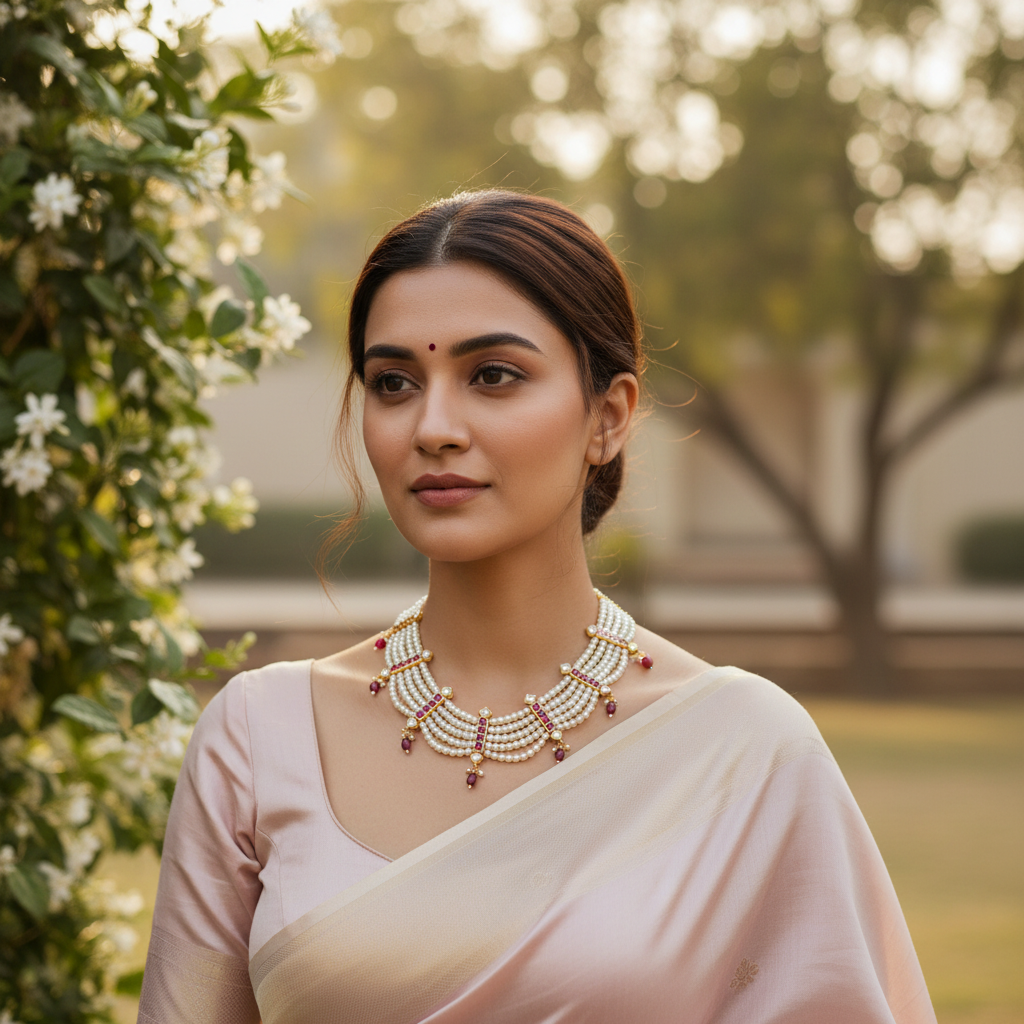 Woman wearing pearl and ruby Kundan necklace in soft natural lighting