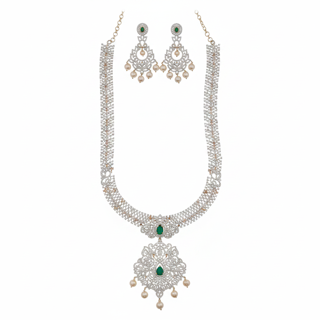 Emerald CZ Long Haram Necklace Set - Flat Lay