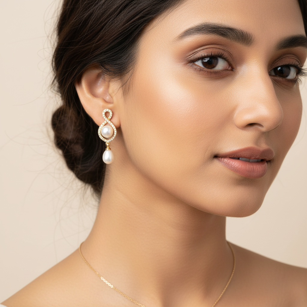 Infinity Pearl Drop Earrings worn by model