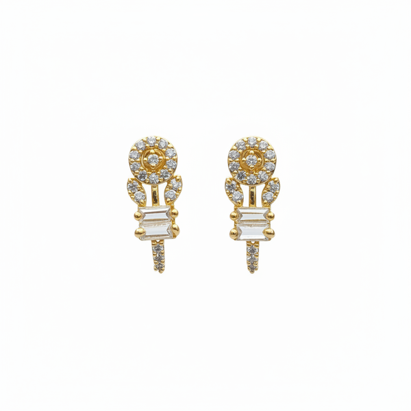 24K gold plated halo crystal hoop earrings with baguette stones on white background