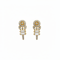 24K gold plated halo crystal hoop earrings with baguette stones on white background