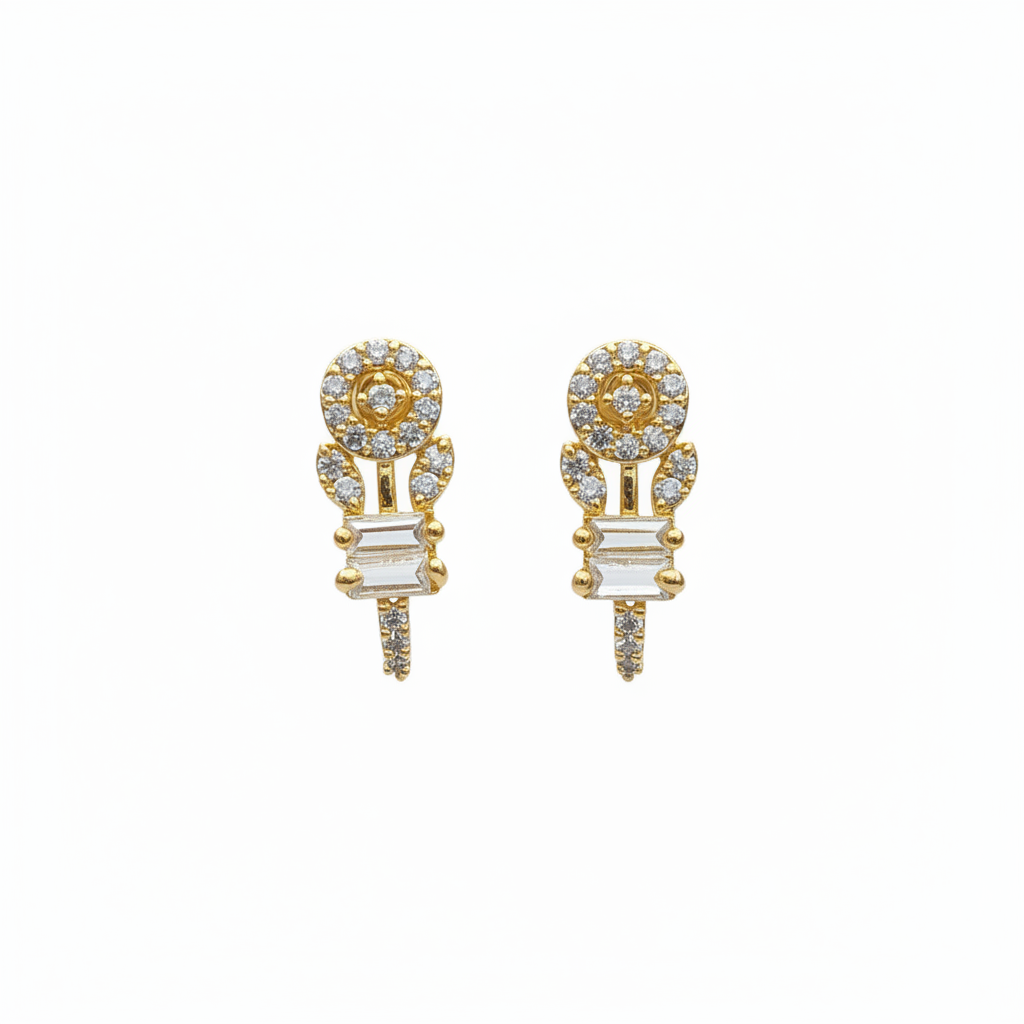 24K gold plated halo crystal hoop earrings with baguette stones on white background