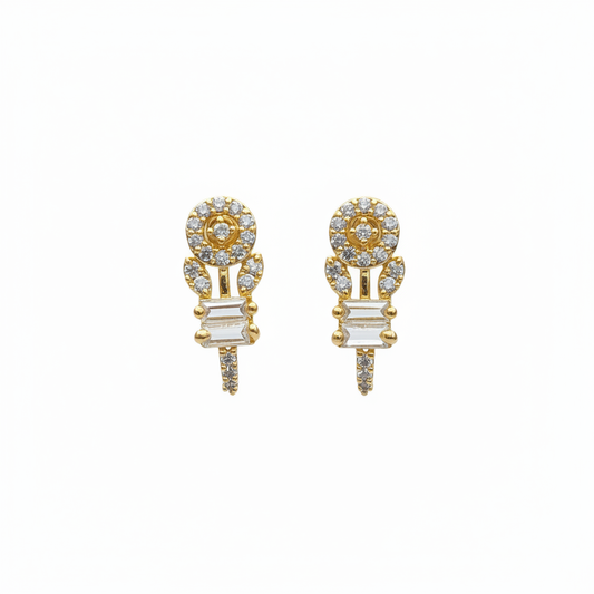 24K gold plated halo crystal hoop earrings with baguette stones on white background