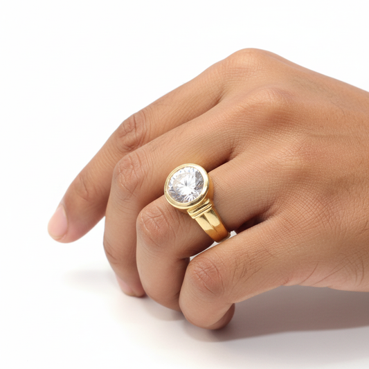 Gold Large Round White Solitaire Men's Ring - Lifestyle