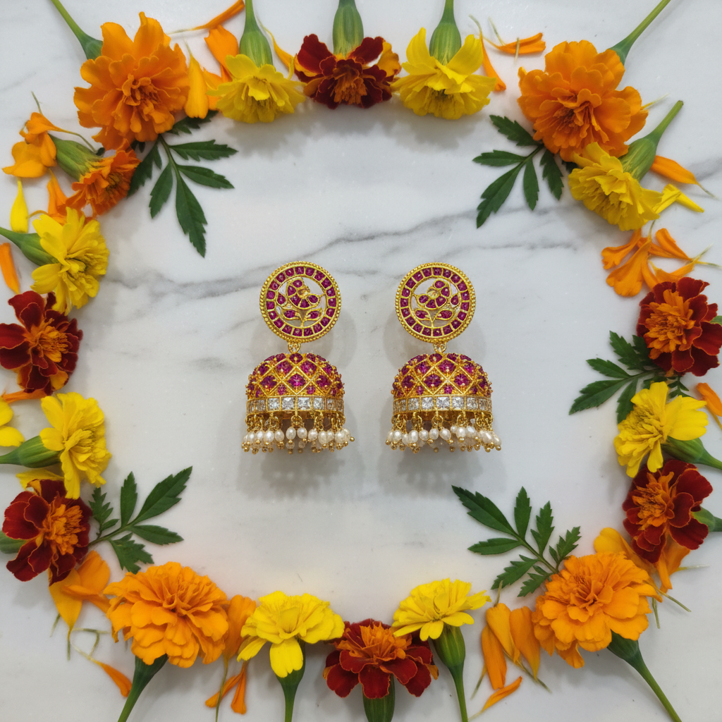 Kempu Polki Jhumka flat lay with marigold flowers – lifestyle styling