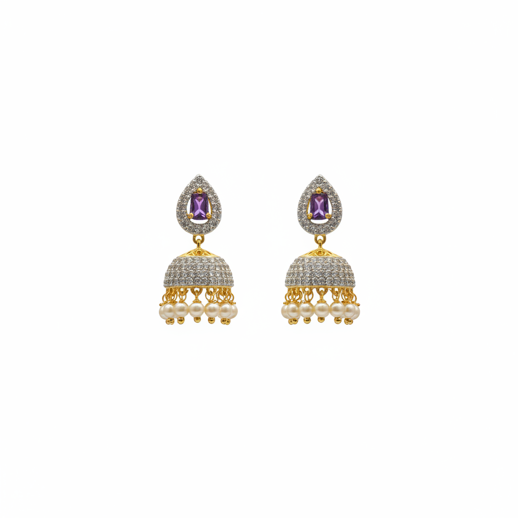 Rhodium-gold plated zircon diamond jhumka earrings with purple rectangular stone