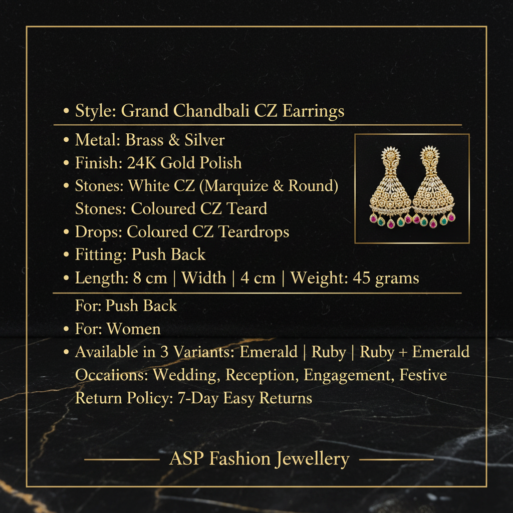 Grand CZ Chandbali Earrings Spec Infographic ASP Fashion Jewellery