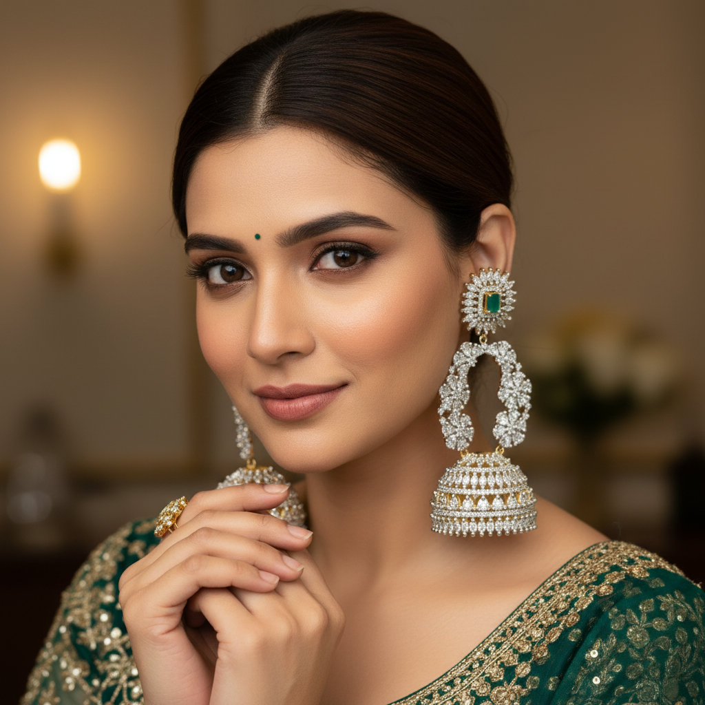 CZ Diamond Chandbali Jhumka – model wear