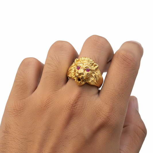Gold Lion Head Ruby Eyes Ring - Lifestyle