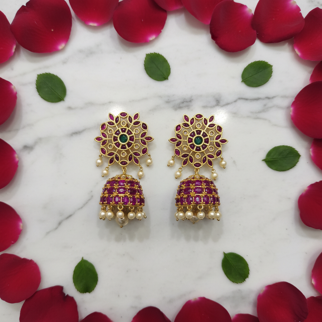 Kempu Kundan Jhumka flat lay with rose petals – lifestyle styling