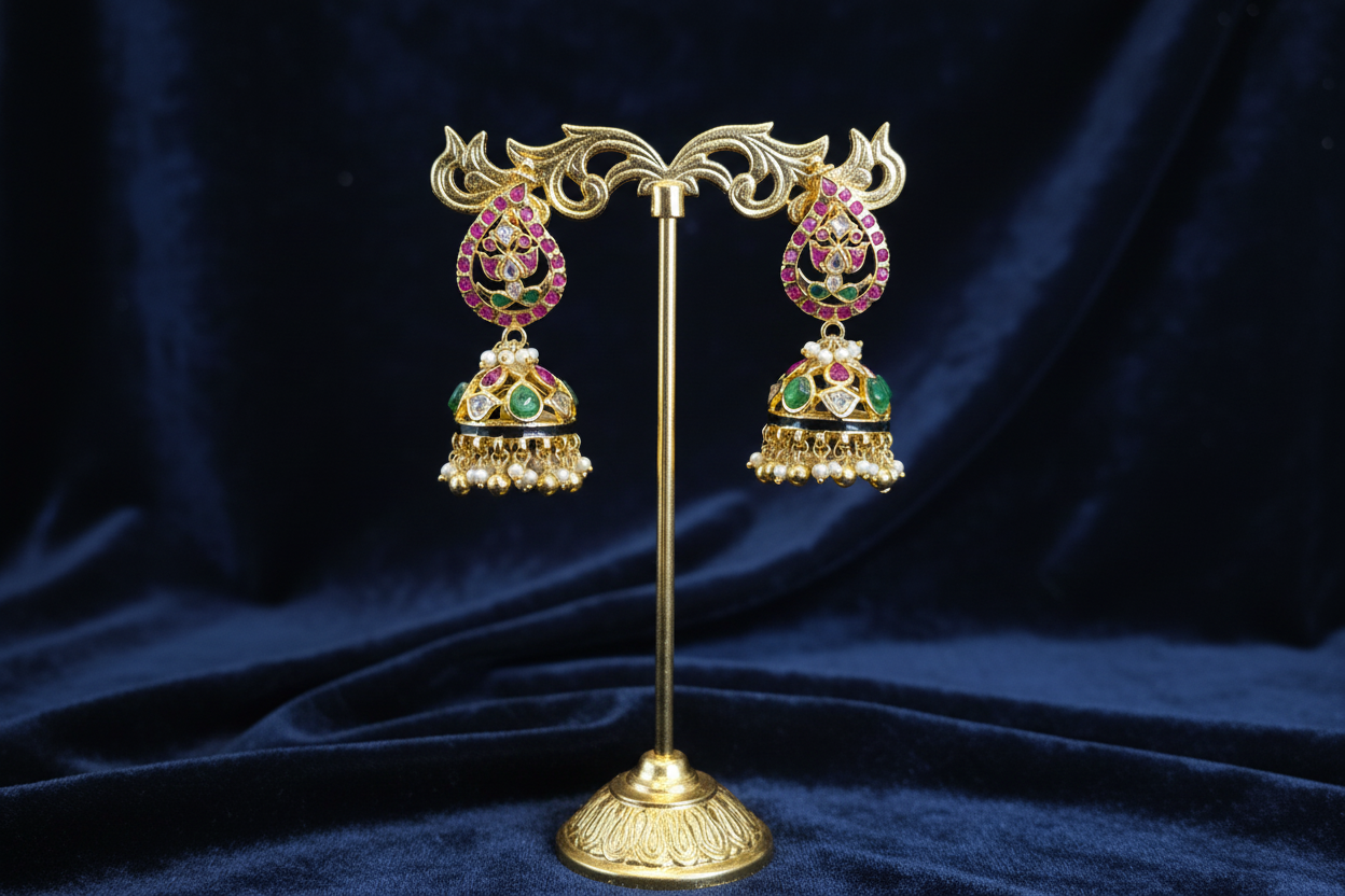 Polki Kundan Jhumka - Boutique Display on Navy Velvet