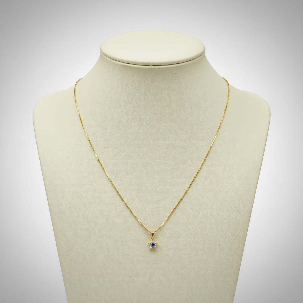 Mannequin display of blue gemstone pendant necklace