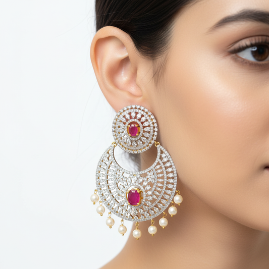 Model wearing Vaasu Chandbali Earrings on white background - ASP Fashion Jewellery