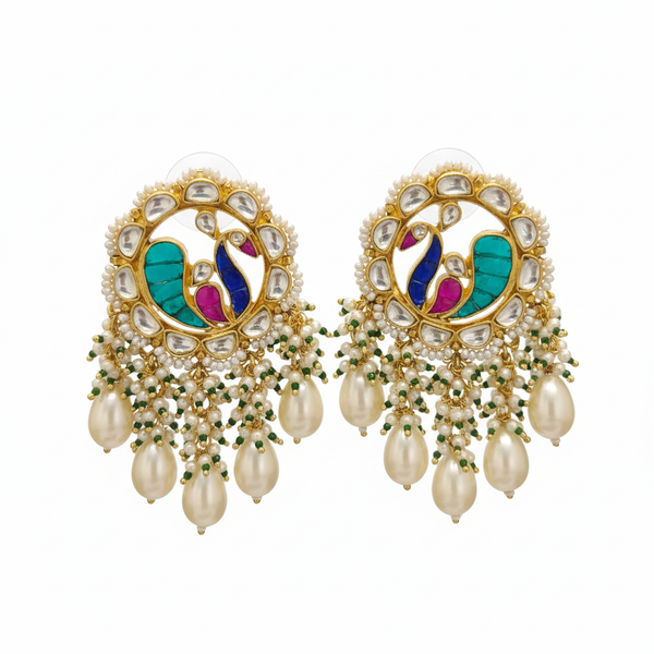 Jadau Kundan Peacock Earrings on white background