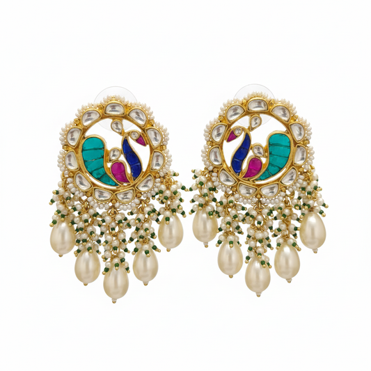 Jadau Kundan Peacock Earrings on white background