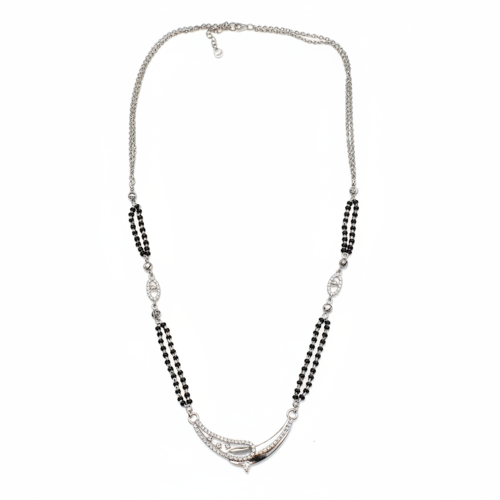 925 Silver Black Beads Mangalsutra Necklace with Curved Pendant