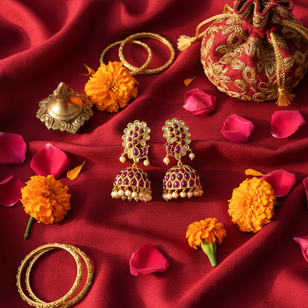 Kempu Polki Jhumka lifestyle flat lay
