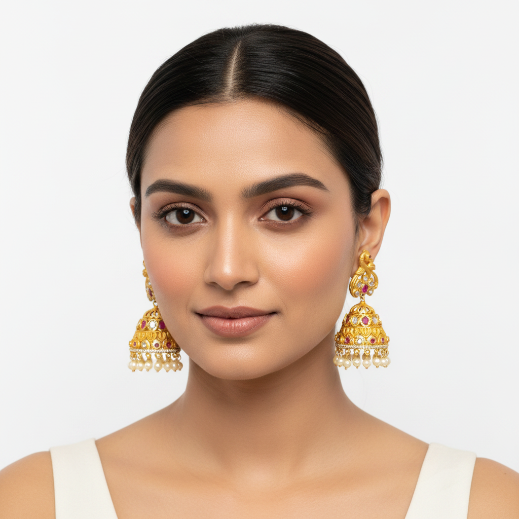 Model wearing Matt Finish Polki Jhumka - Ruby bead variant