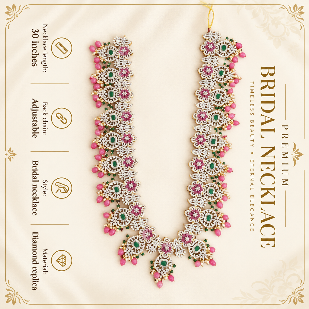 Grand diamond replica bridal necklace specifications showing 30 inch length and adjustable back chain