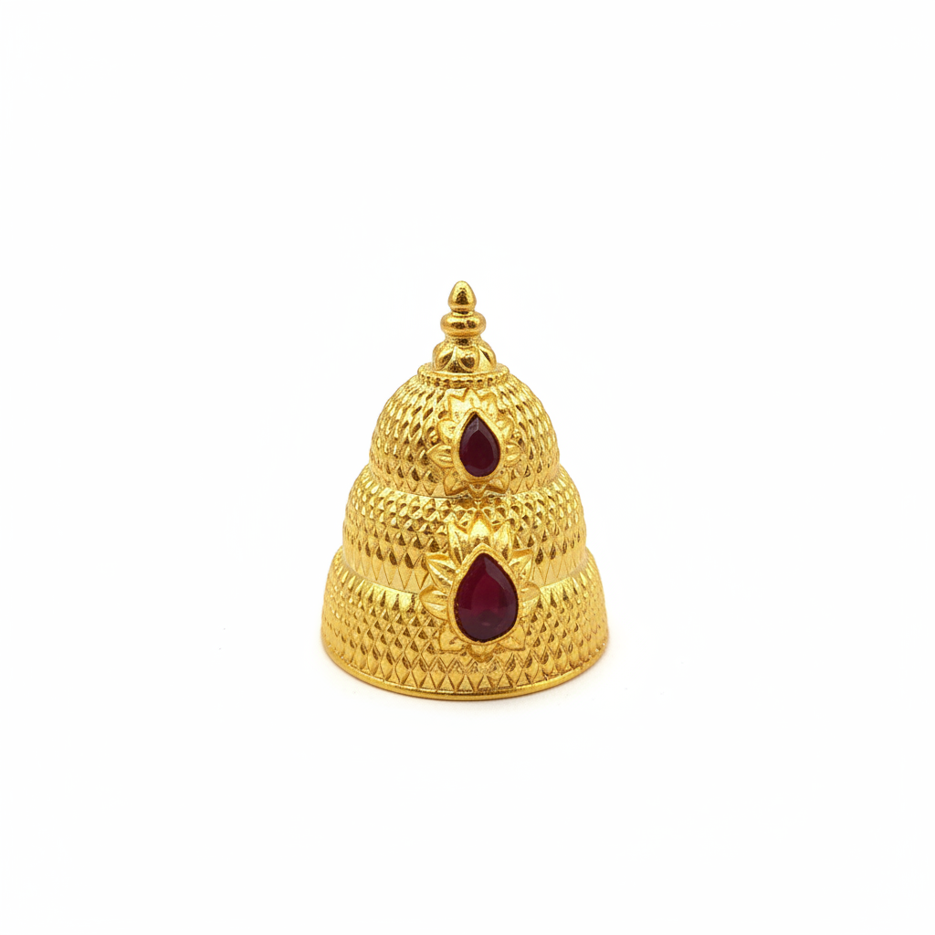 Gold two-tier conical mukut for Hindu deity idol - white background