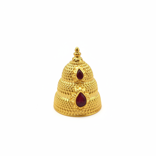 Gold two-tier conical mukut for Hindu deity idol - white background