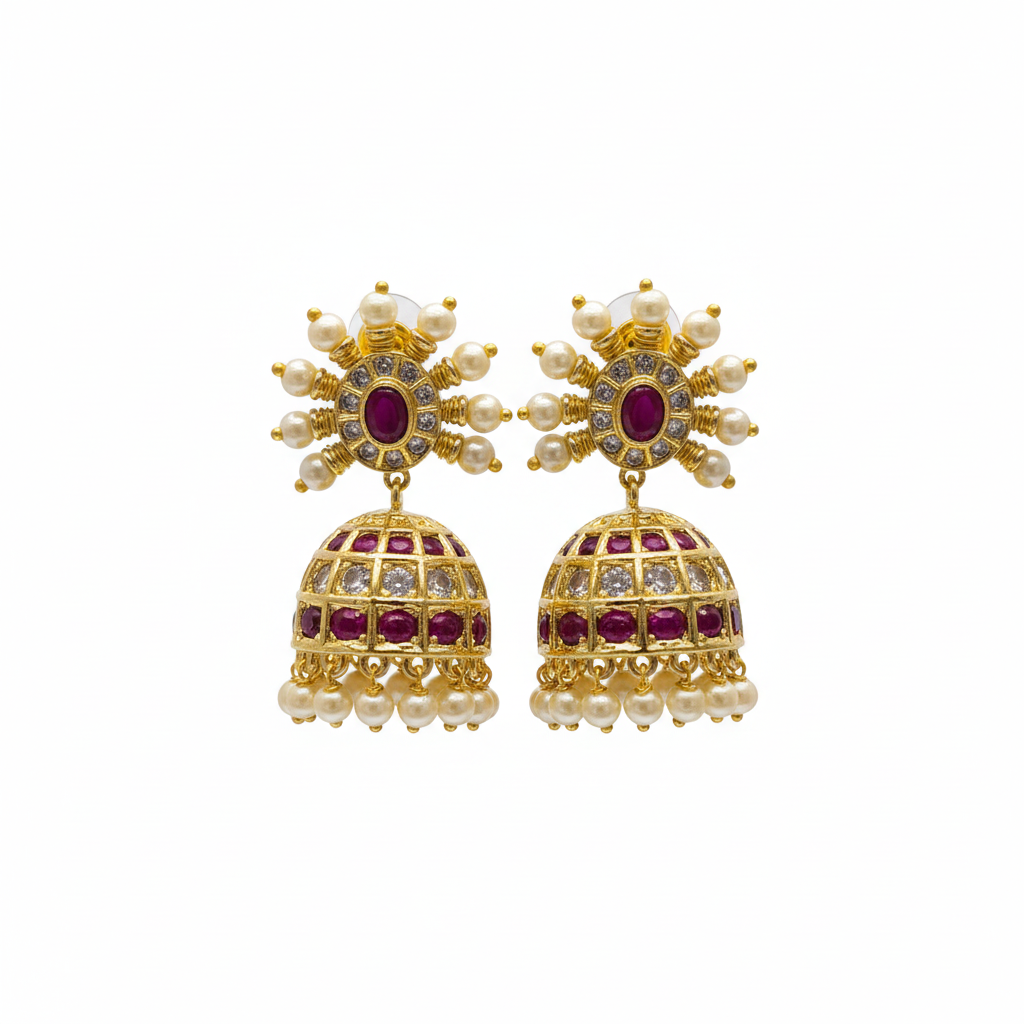 Kempu Chakra Jhumka Ruby - white background